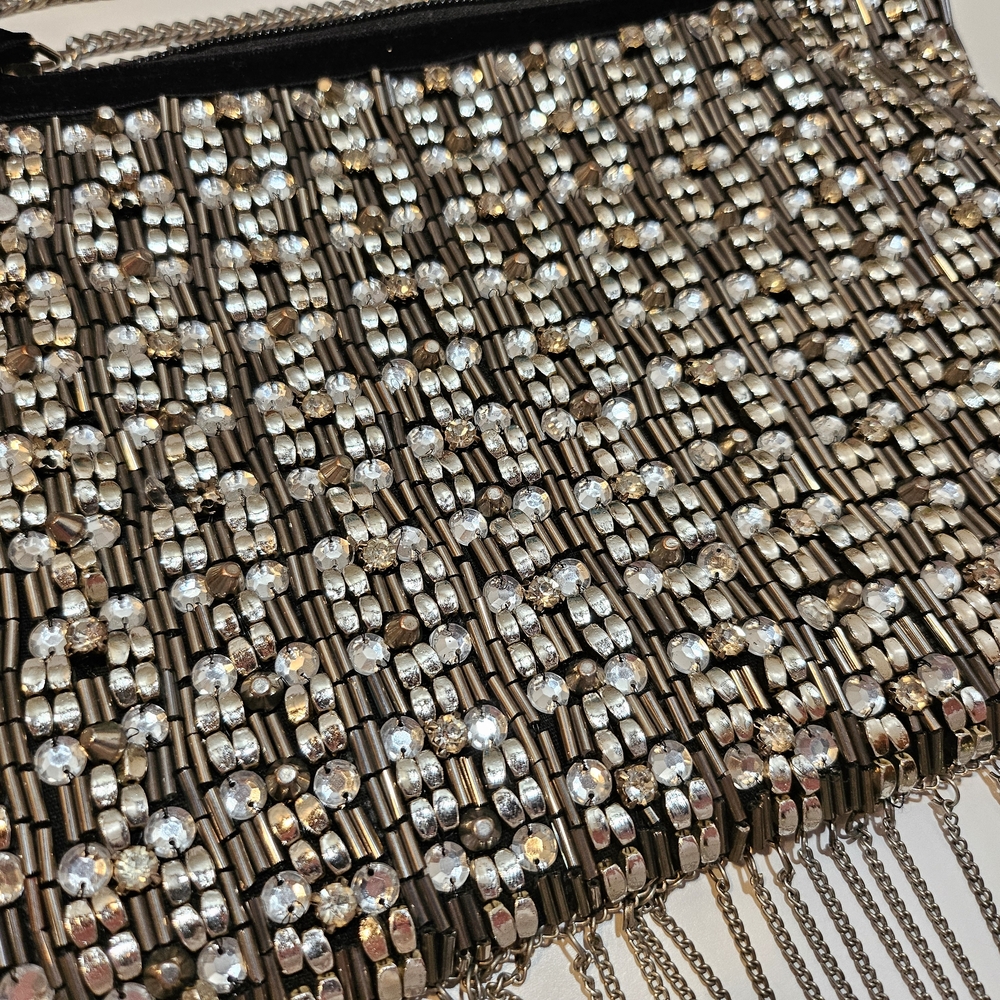 Vintage Rhinestone Fringe Evening Bag / Beaded Chain Purse